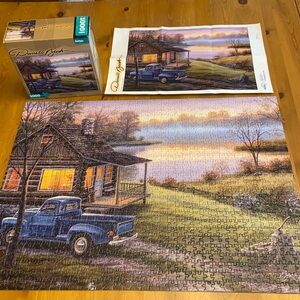 BUFFALO 1000 Piece COMPLETE Puzzle EARLY TO RISE Darrell Bush Cabin Woods Lake